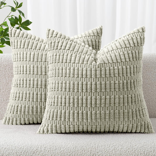 MIULEE Decorative Throw Pillow Covers - Soft Boho Striped Corduroy | 16x16 Inch Light Green, Set of 2