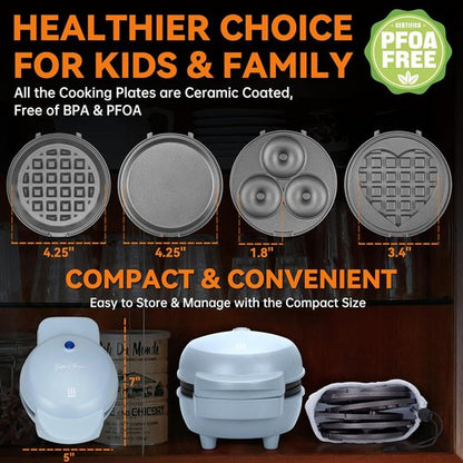 Baker's Friend Mini Waffle Maker - 4 in 1 with Removable Plates | Includes Pancake, Donut & Heart Shapes, Blue
