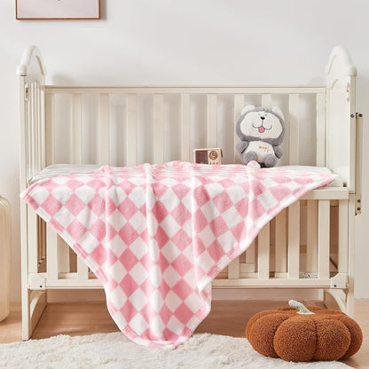 Yurhap Checkered Baby Blanket - Soft Pink Fleece for Girls & Boys | Lightweight 30''x40'' Comfort Blanket