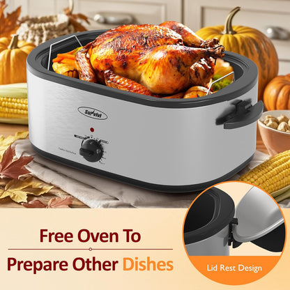 Sunvivi Electric Roaster Oven - 24 Quart Turkey Roaster with Self-Basting Lid & Removable Pan | Stainless Steel Silver