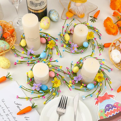 Jansun Easter Candle Rings - 4 Pcs Mini Wreaths with Pink & Blue Eggs for Table Centerpieces