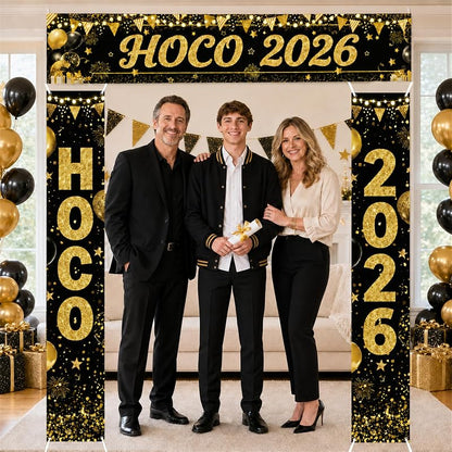 HOCO 2026 Welcome Banner Set - Black & Gold Porch Signs, 3-Piece Yard Decor for Homecoming