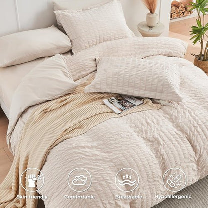 HYMOKEGE Twin XL Comforter Set - 5-Piece Seersucker Luxury Bedding Set in Beige for All Seasons