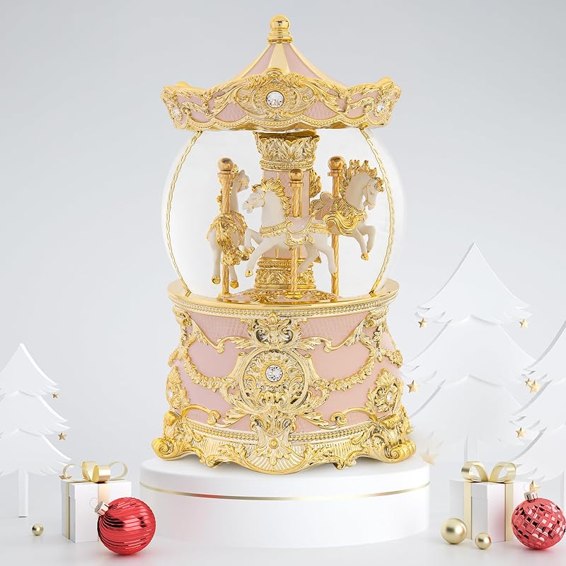 Gold & Pink 8.3" Carousel Snow Globe with Wind-Up Music Box - Meets Tune