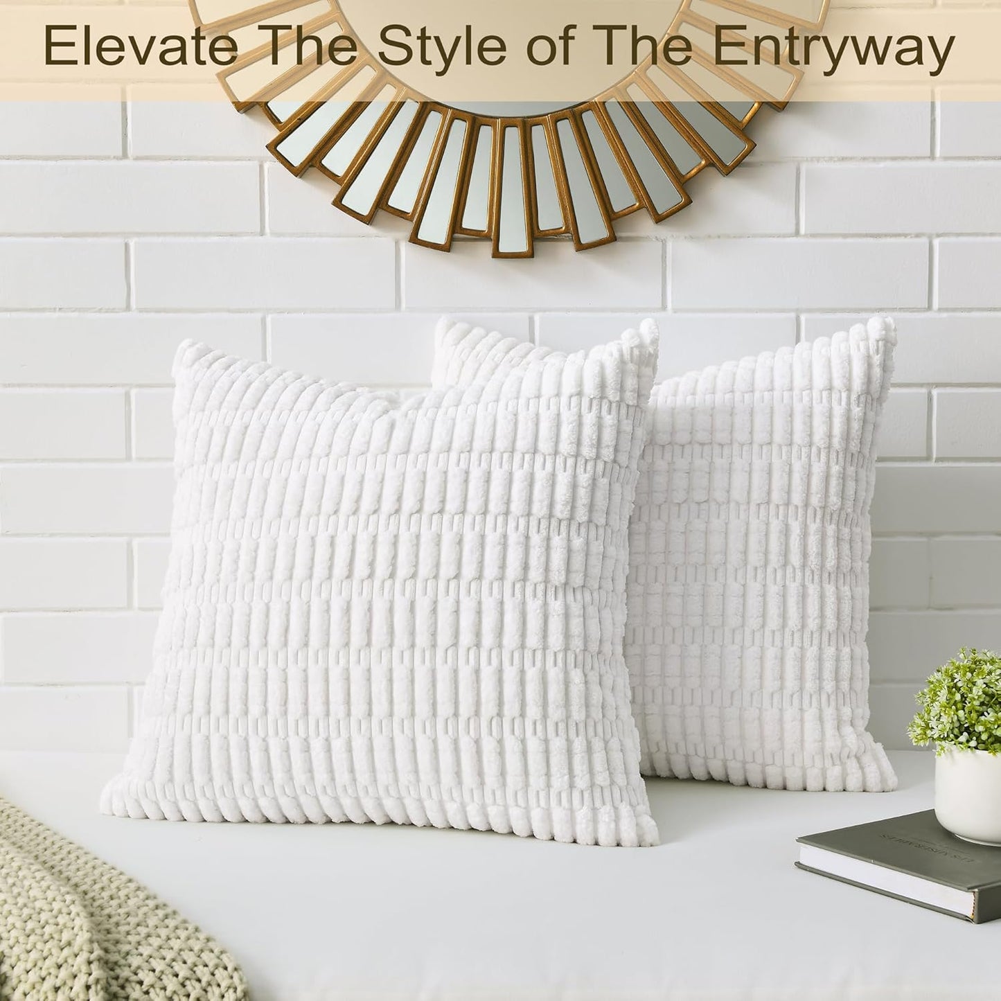 Volcanics Decorative Throw Pillow Covers - Pack of 2 Soft White Corduroy 18x18 Inch Cushions | Modern Farmhouse Decor