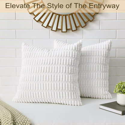 Volcanics Decorative Throw Pillow Covers - Pack of 2 Soft White Corduroy 18x18 Inch Cushions | Modern Farmhouse Decor