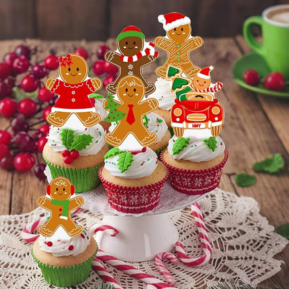 Christmas Gingerbread Cupcake Toppers 48pcs - Santa Hat & Candy Cane Picks