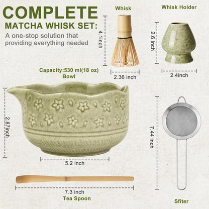 5Pcs Matcha Whisk Set, 18OZ Bowl With Spout, Japanese Ceremony Matcha Whisks Kit, 100% Natural Bamboo Whisk, Ceramic Whisk Holder (Green), Stainless Sifter, Tea Scoop, Gift for Matcha Lovers Beginner