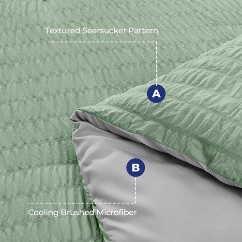 HYMOKEGE Queen Comforter Set - Luxury 7-Piece Bedding in Sage Green & Light Grey | All-Season Seersucker Design