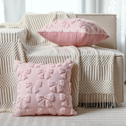 Mixweer Pink Bow Pillow Covers - Set of 2 Soft Faux Fur Decorative Aesthetic Pillowcases | 18 x 18 Inch