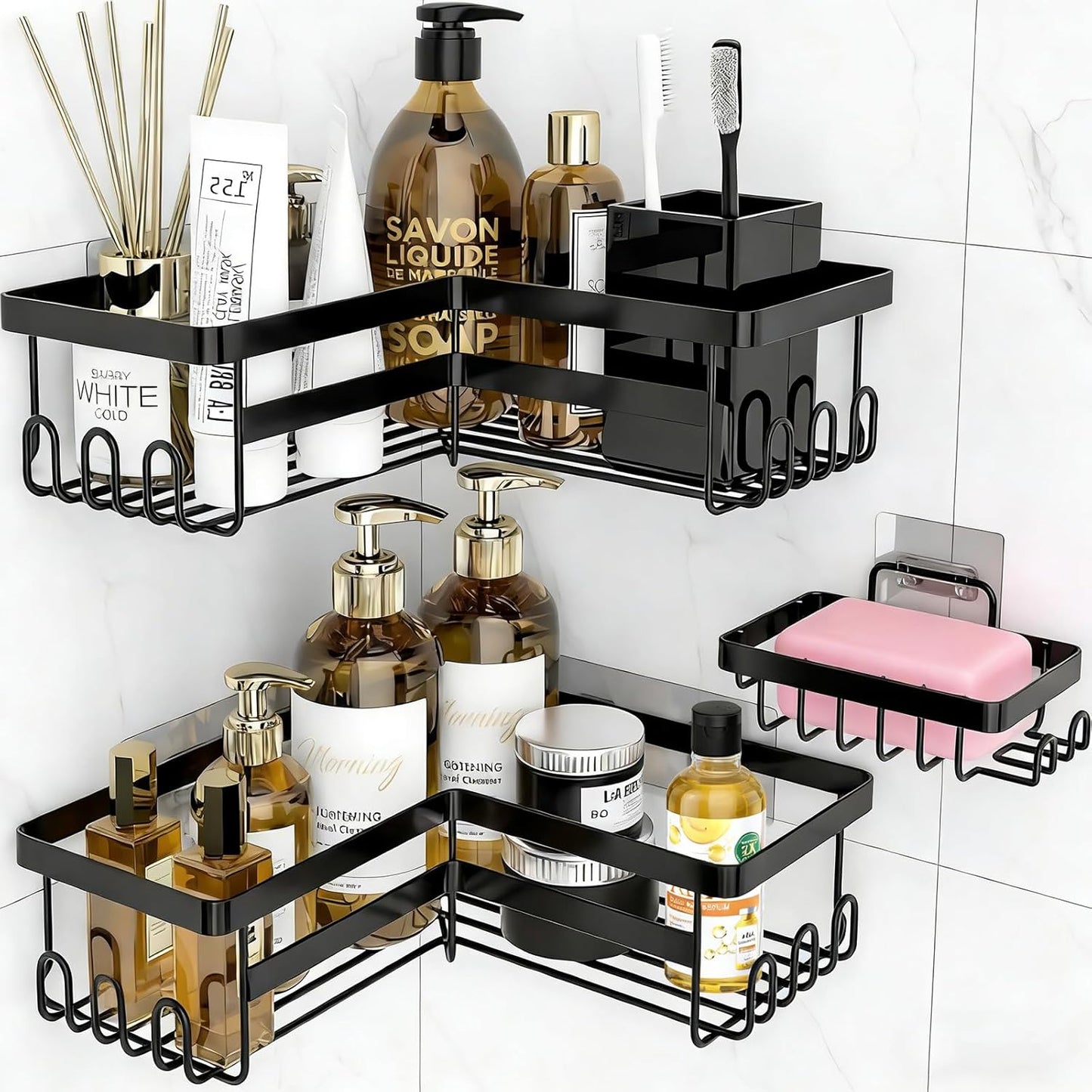 Skiennix Corner Shower Caddy - 3 Pack Rustproof Stainless Steel Organizers | No-Drill Adhesive Shelves, Black