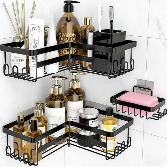 Skiennix Corner Shower Caddy - 3 Pack Rustproof Stainless Steel Organizers | No-Drill Adhesive Shelves, Black