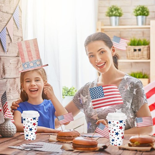 FYSUIMU 50Pcs 16Oz Patriotic Disposable Coffee Cups with Lids - Red & Blue Star Design for 4th of July Celebrations