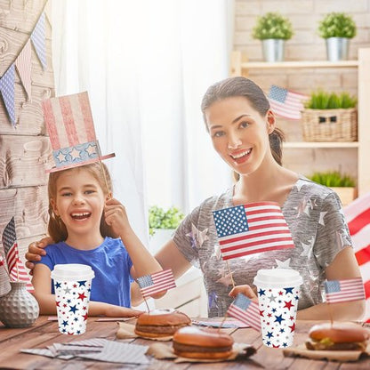 FYSUIMU 50Pcs 16Oz Patriotic Disposable Coffee Cups with Lids - Red & Blue Star Design for 4th of July Celebrations