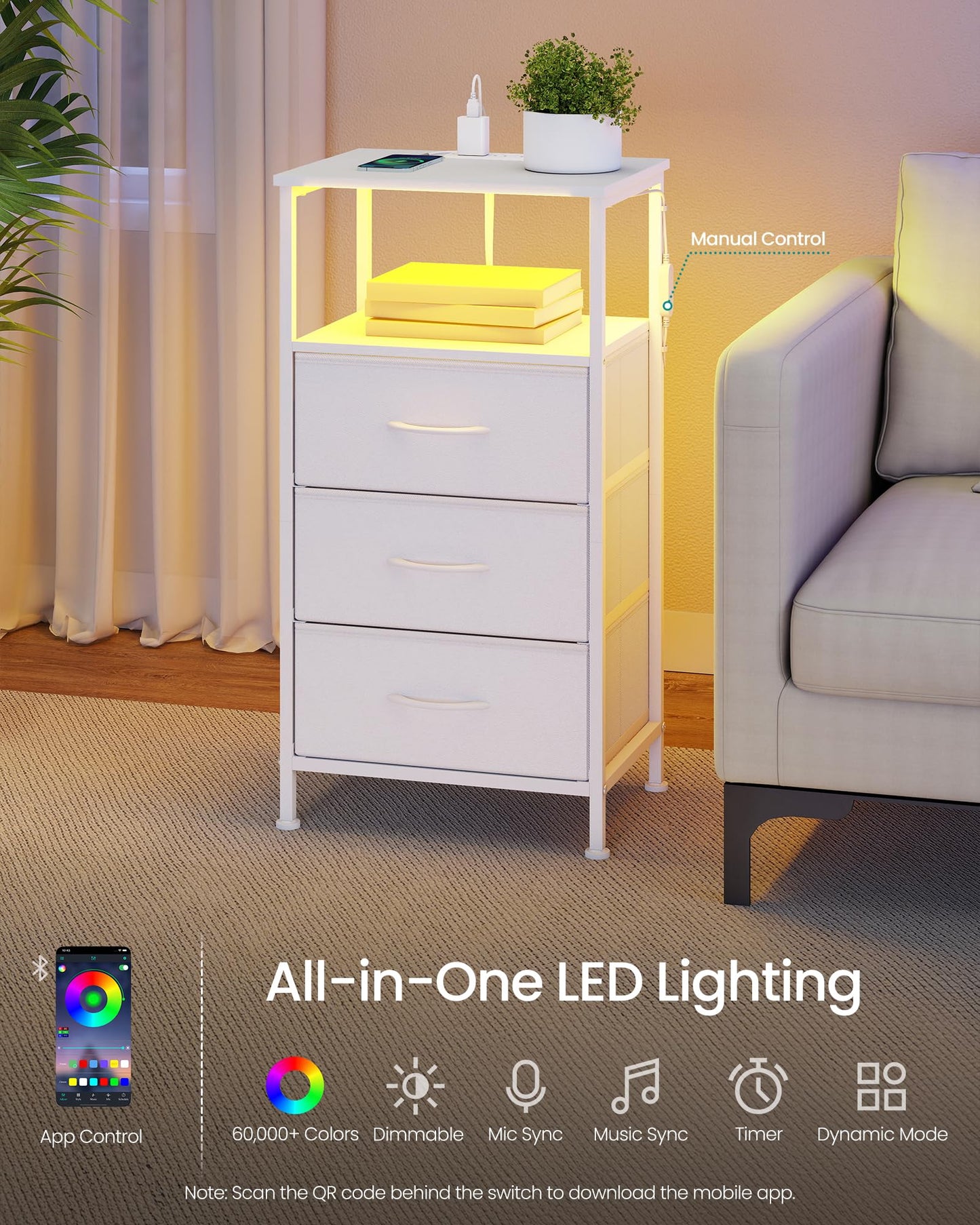 SONGMICS BELLAH Collection - Nightstand with Charging Station and App-Controlled Adjustable LED Lights, Bed Side Table, 3 Drawer and 1 Open Shelf, Bedroom, Cloud White and Snow White ULGS303WH01S