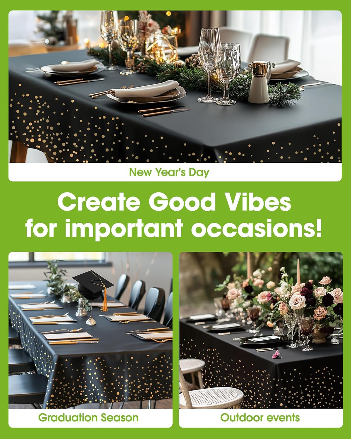 Pureegg Disposable Plastic Tablecloths - 54 x 108 Inch, Leakproof & Sturdy, Black and Gold | 8 Pack for Graduation Celebrations