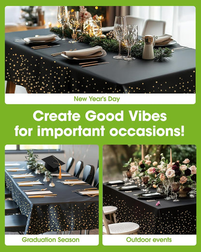 Pureegg Disposable Plastic Tablecloths - 54 x 108 Inch, Leakproof & Sturdy, Black and Gold | 8 Pack for Graduation Celebrations