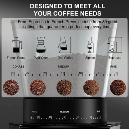 BioloMix Electric Coffee Grinder, Conical Burr Grinder with 30 Precise Grind Settings, LCD Touchscreen, Anti-Static Technology, for Espresso, French Press,1-12 Cups, Black