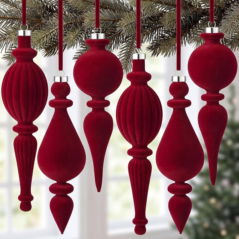 Jetec 12 Pcs Red Velvet Christmas Ornaments with 3 Styles – Flocked Holiday Tree Decorations, Burgundy