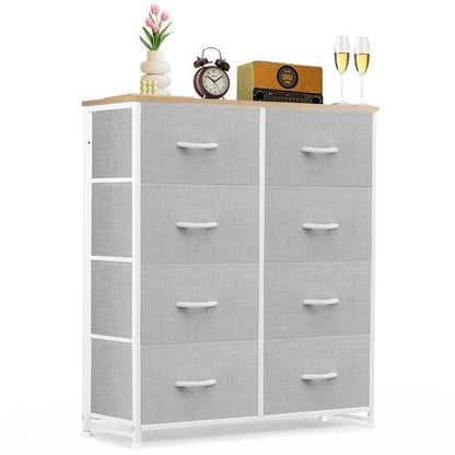 8-Drawer Dresser for Bedroom, Anti-Tip Tall Storage Organizer Chest of Drawers with Wooden Top and Metal Frame Fabric Bins for Closet, Living Room, Hallway, Entryway, Light Gray