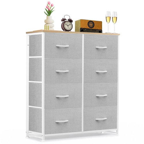 8-Drawer Dresser for Bedroom, Anti-Tip Tall Storage Organizer Chest of Drawers with Wooden Top and Metal Frame Fabric Bins for Closet, Living Room, Hallway, Entryway, Light Gray