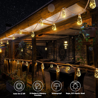 Skiennix Solar Outdoor String Lights - 20Ft Vintage Rope Design | Waterproof Warm White with 8 Modes & 16 Shatterproof Bulbs for Garden & Patio