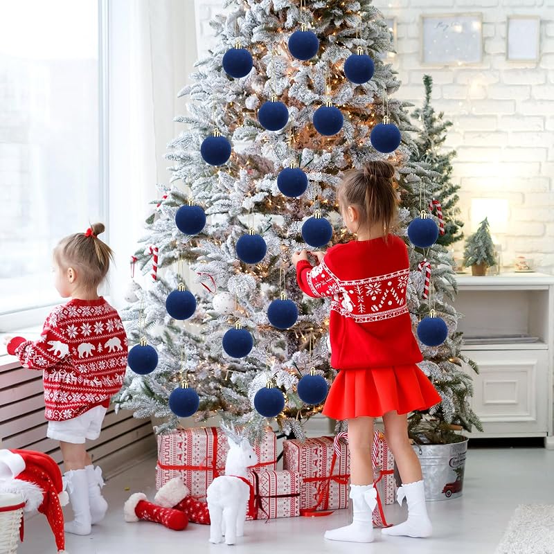 Menkxi 15 Pcs Blue Velvet Christmas Ornaments Ball 1.97'' - With Gold Buckle & Ribbon (Variation: Blue+15+Flocking Ball)
