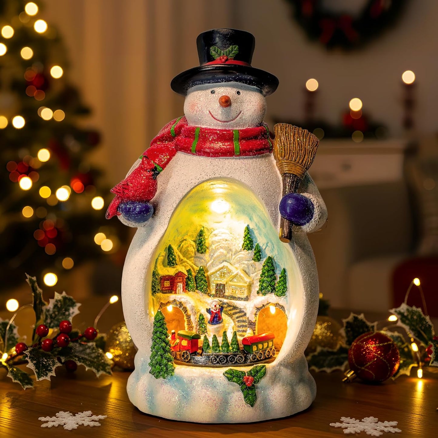 Snowman Figurine - Lighted Christmas Village with Animated Train | Battery & USB Powered Holiday Decor