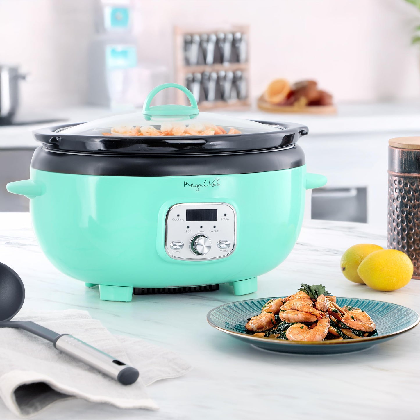 MegaChef 6.9 Quart Oval Electric Slow Cooker, Removable Ceramic Pot, 3 Heat Settings, Kitchen Appliance, Countertop Cooker (Turquoise)