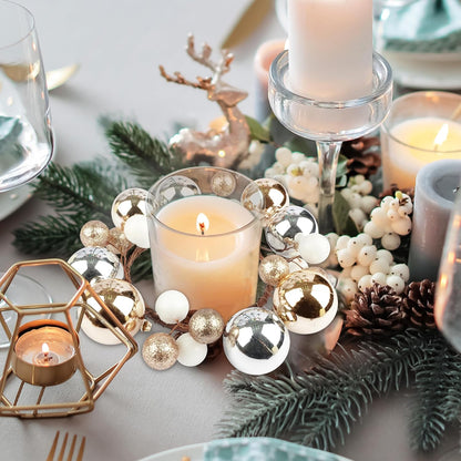 Regine Switzerland Christmas Ball Candle Rings - Glitter Gold & Silver | 3.2 Inch Pillar Candle Holders for Rustic Winter Decor