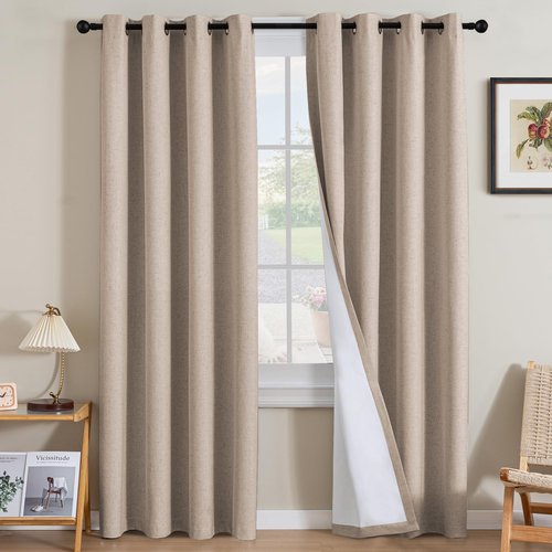 H.VERSAILTEX Linen Curtains 100% Blackout Curtains for Bedroom 84 inch Long Full Light Blocking Nature Linen Blended Window Curtains for Living Room Nickel Grommet (2 Panels, Heathered Sand)