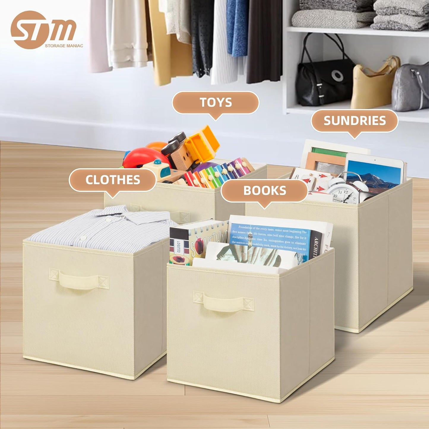 Storage Maniac 11-Inch Collapsible Storage Cubes - 8 Pack Durable Fabric Bins for Organization | Beige