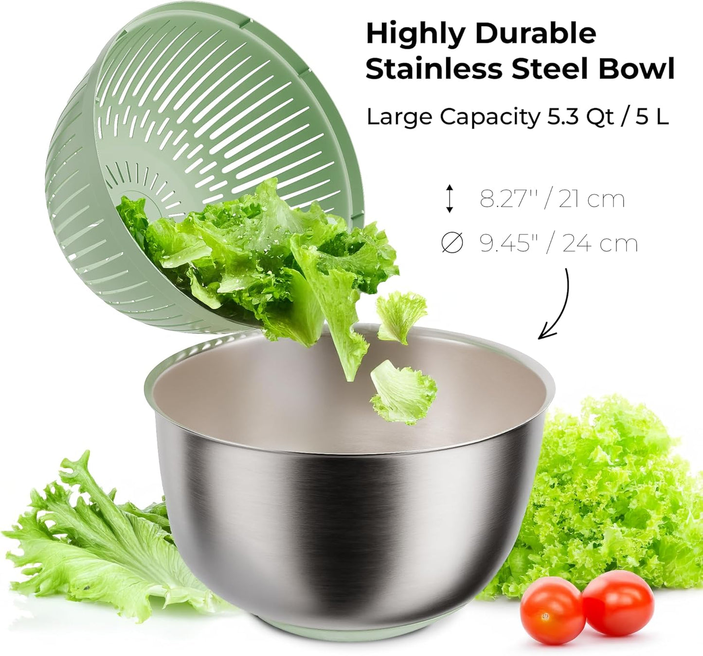 Stainless Steel Salad Spinner - Large 5.3 Quart Lettuce Dryer & Fruit Cleaner with Strainer