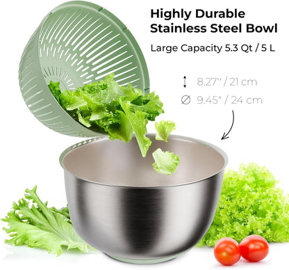Stainless Steel Salad Spinner - Large 5.3 Quart Lettuce Dryer & Fruit Cleaner with Strainer