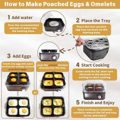 Annie & Mia Design Stainless Steel Electric Egg Cooker - 8 Egg Capacity, Auto Shut-Off, Recipe Guide (Black)