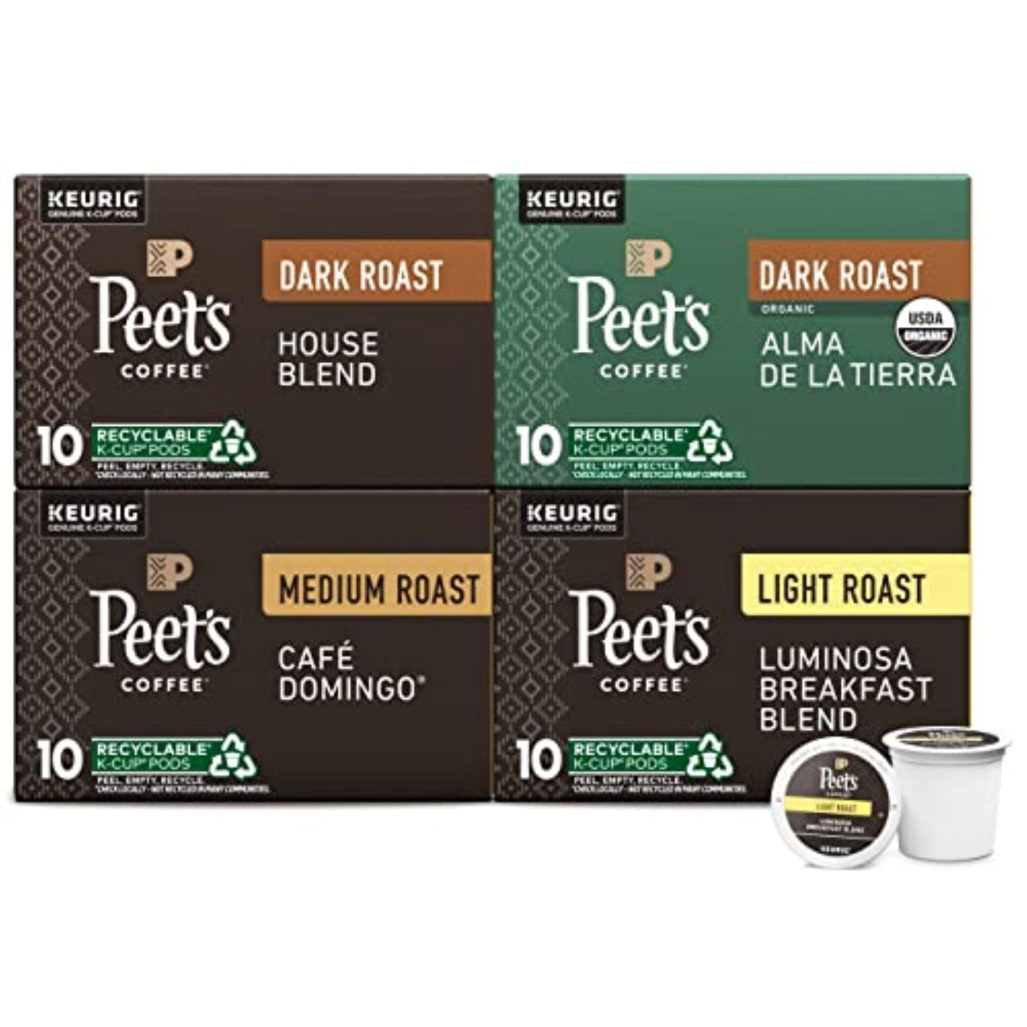 Peet's Coffee, Keurig K-Cup Pods Variety Pack, 100% Arabica Coffee - Luminosa Breakfast Blend, Café Domingo, Organic Alma De La Tierra, House Blend, 40 Count (4 Boxes of 10 Pods)