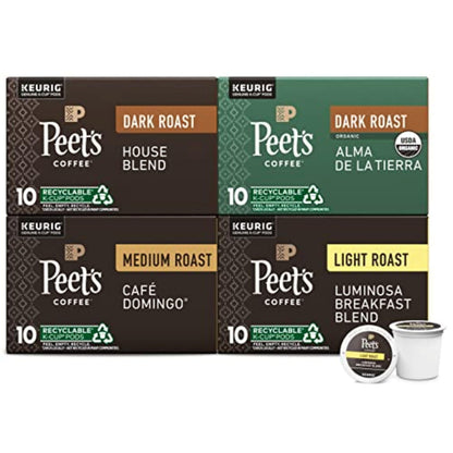 Peet's Coffee, Keurig K-Cup Pods Variety Pack, 100% Arabica Coffee - Luminosa Breakfast Blend, Café Domingo, Organic Alma De La Tierra, House Blend, 40 Count (4 Boxes of 10 Pods)