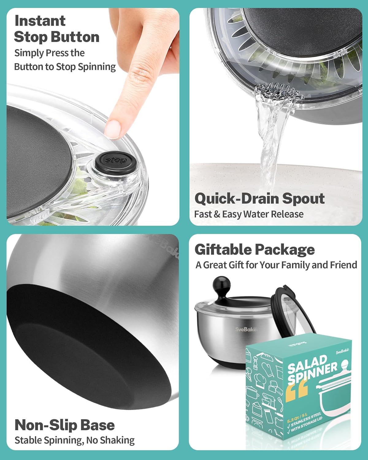 Skiennix Stainless Steel Salad Spinner - 4-in-1 Multi-Functional Lettuce Washer | 5.3 Qt, BPA-Free, Easy Clean