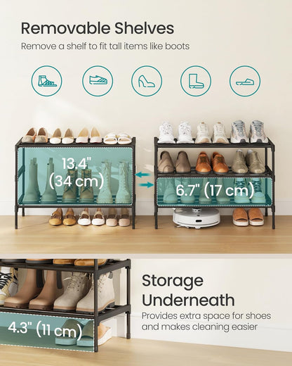 SONGMICS 3-Tier Shoe Rack - Compact Metal Organizer for Entryway & Bedroom | Stackable, Black, 11.8 x 24.5 x 19.1 Inches