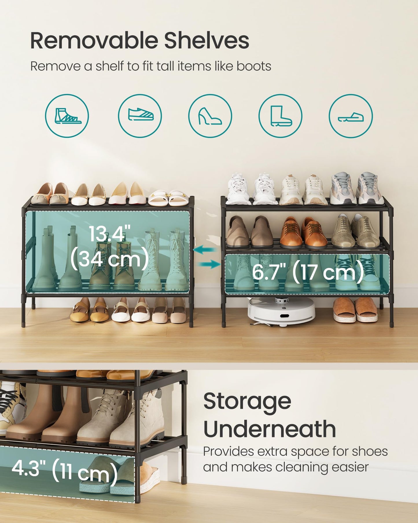 SONGMICS 3-Tier Shoe Rack for Closet, Compact Metal Shoe Organizer Shelf for Entryway, Bedroom, Small Spaces, Stackable, 11.8 x 24.5 x 19.1 Inches, Black ULSA123BH01