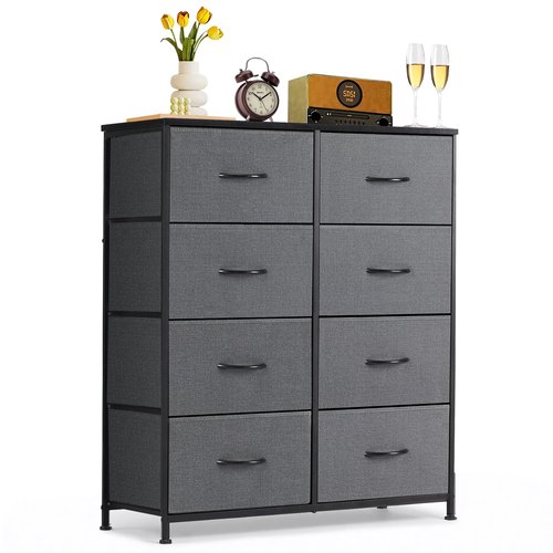 8-Drawer Dresser for Bedroom, Anti-Tip Tall Storage Organizer Chest of Drawers with Wooden Top and Metal Frame Fabric Bins for Closet, Living Room, Hallway, Entryway, Gray