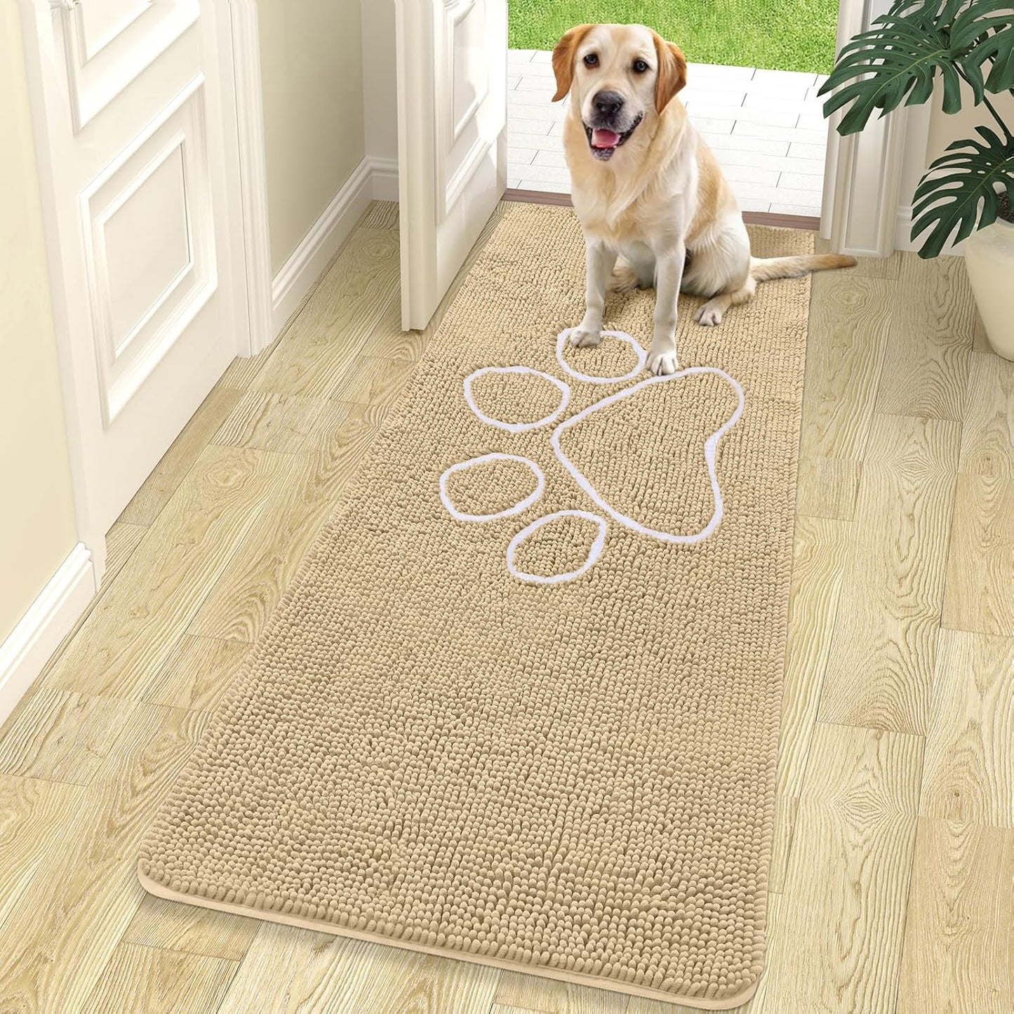 OLANLY Dog Door Mat - Absorbent Non-Slip Mud Mat for Paws | 70x24 Beige Chenille Design