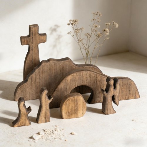 NEROSUN Empty Tomb Easter Scene and Cross Decoration, Wooden Easter Resurrection Scene Cross Jesus Tomb Tray Set, Jesus Nativity Scene Decor for Religious Home Office Tabletop Christian Gifts