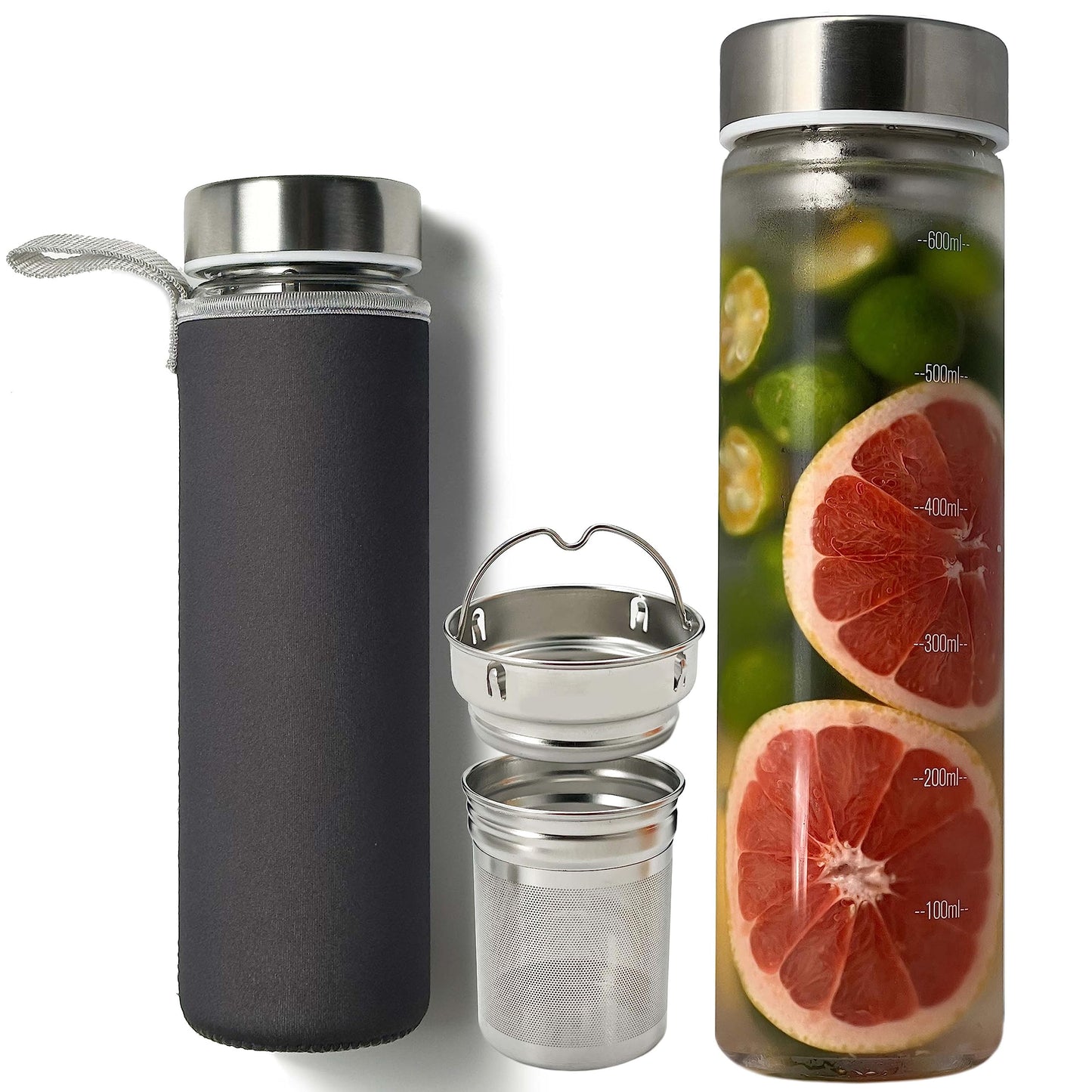 ameiin 23oz Borosilicate Glass Water Bottles with Stainless Steel Lid - Cold Brew Bottle - Tea Infuser Bottle with Strainer - Glass Tea Tumbler