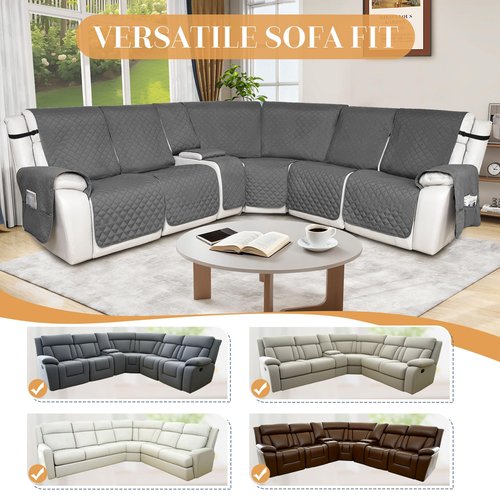 HDCAXKJ 100% Waterproof Reclining Sectional Couch Covers L Shape Recliner Sofa Cover Washable Quilted Soft Pet Dog Corner Recliner Slipcovers with Pockets (5 Seat and 1 Middle Console, Middle Gray)