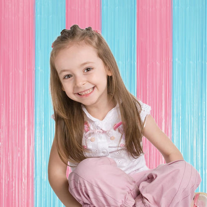 Voircoloria Foil Fringe Backdrop Curtains - 3 Pack of Pastel Blue & Pink Tinsel Streamers | Perfect for Gender Reveal, Baby Showers, and Birthday Parties