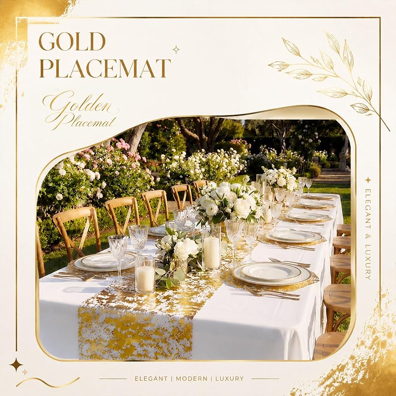 Gold 112-Piece Table Runner Set with Placemats for Wedding Reception