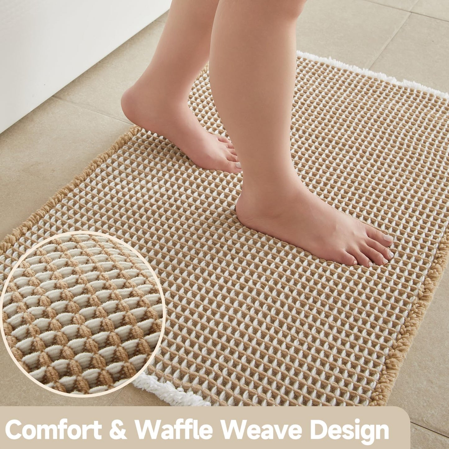 TYUU Waffle Bath Mat, Boho Bathroom Rugs Non Slip Washable Super Absorbent Quick Dry Bath Mat Farmhouse Bathroom Decor, 24"x16" Khaki and White