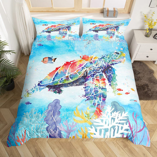 Castle Fairy Colorful Turtle Bedding Set King Size, Watercolor Graffiti Tie Dye Duvet Cover 3pcs for Kids Girls Boys Room , Fish Coral Sea Life Comforter Hawaiian Ocean Style Quilt, 2 Pillowcases