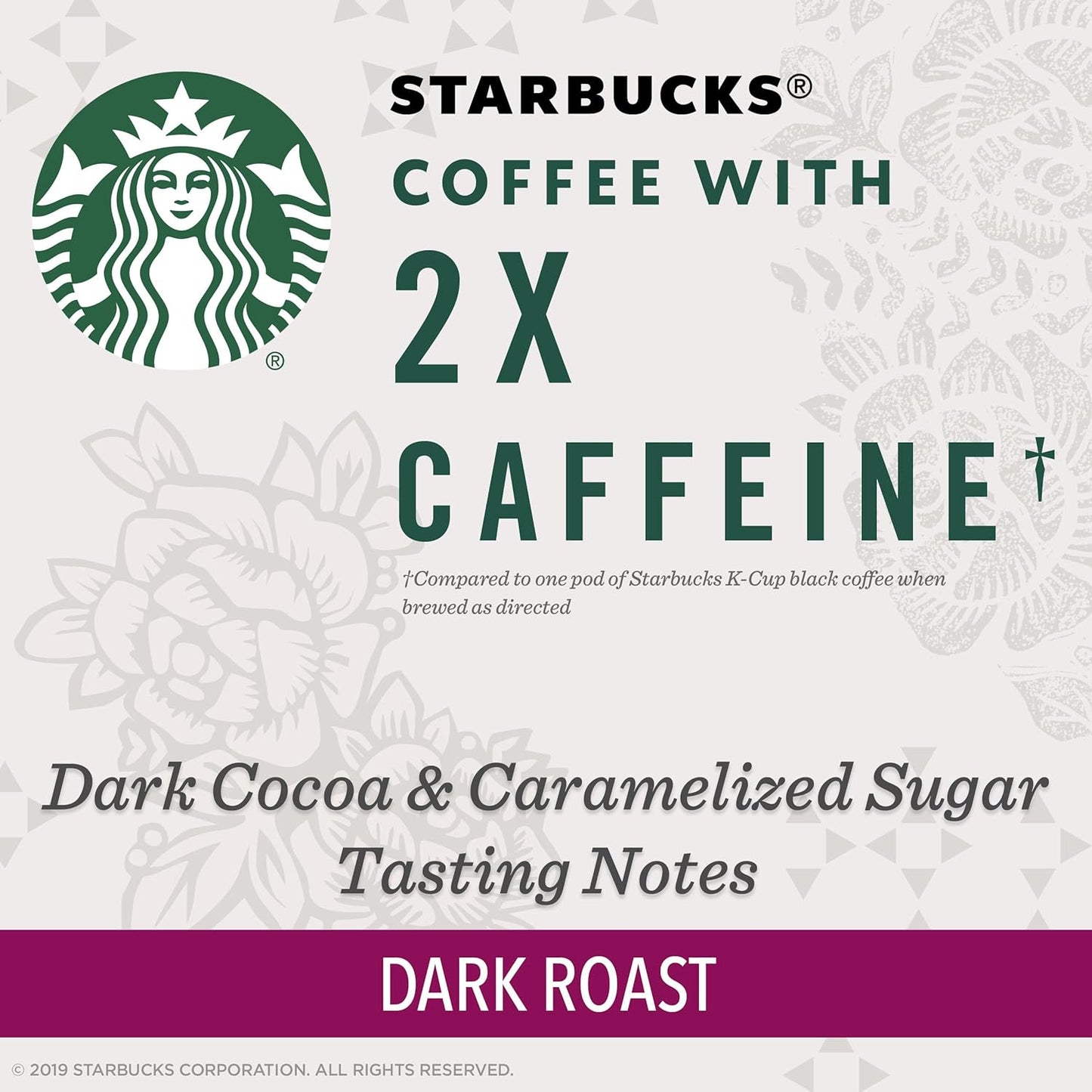 Starbucks Dark Roast K-Cup Coffee Pods - 2X Caffeine for Keurig Brewers | 60 Pods in 6 Boxes